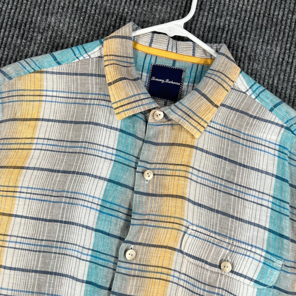 Tommy Bahama Shirt Mens Large Blue Yellow Short Sleeve Button Up 100% Linen